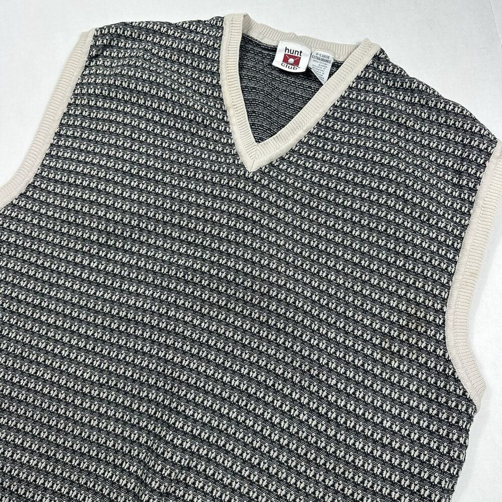 Hunt Club Golf V-Neck Sweater Vest Mens Knit Black Gray & Cream AOP Size XL Read